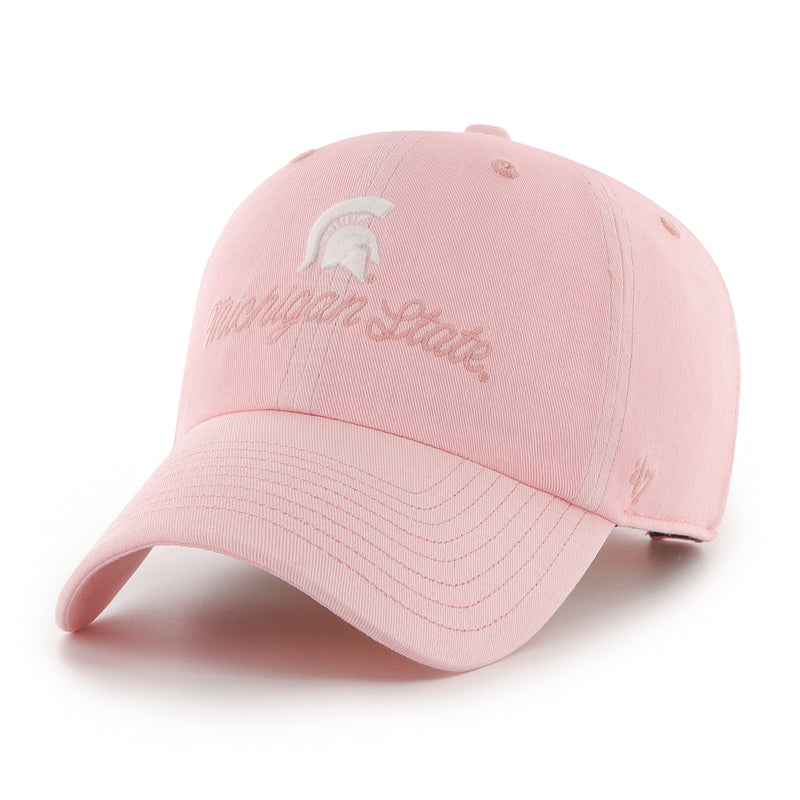 Unstructured pink baseball cap with a curved bill with large dark pink embroidered Michigan State script on the front under embroidered Sparty Helmet image, with adjustable fabric closure.