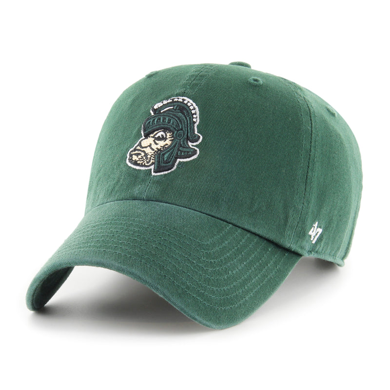 Unstructured green baseball cap with curved bill, embroidered with a large vintage Gruff Sparty image, with adjustable fabric closure. 