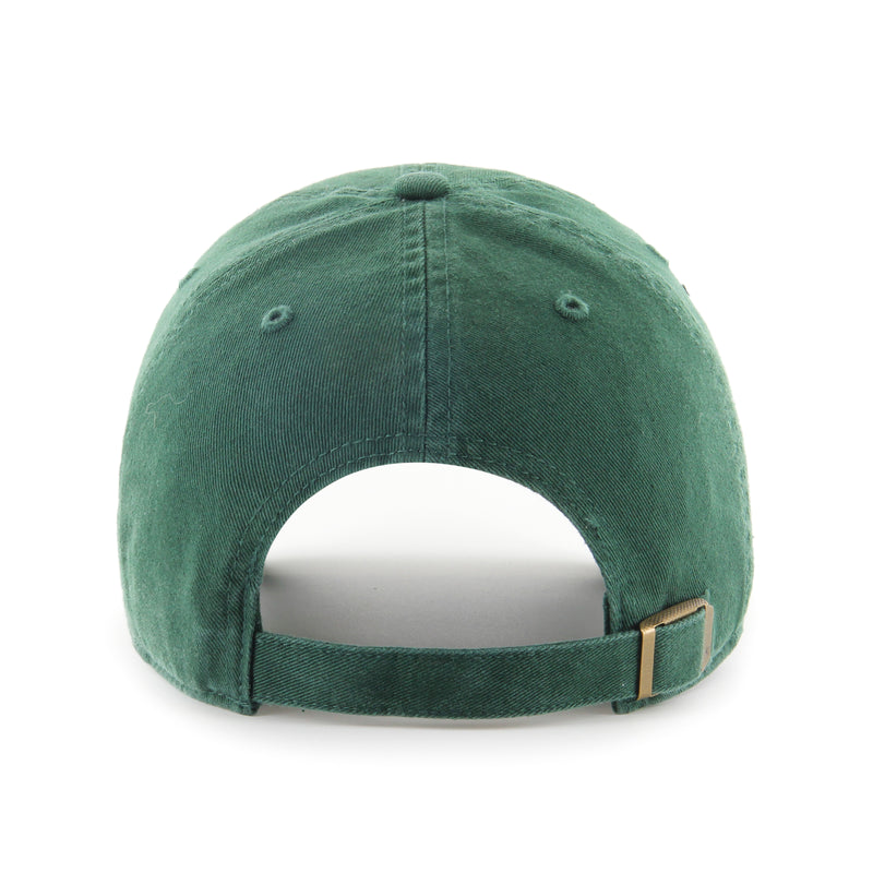 Unstructured green baseball cap with adjustable fabric closure. 
