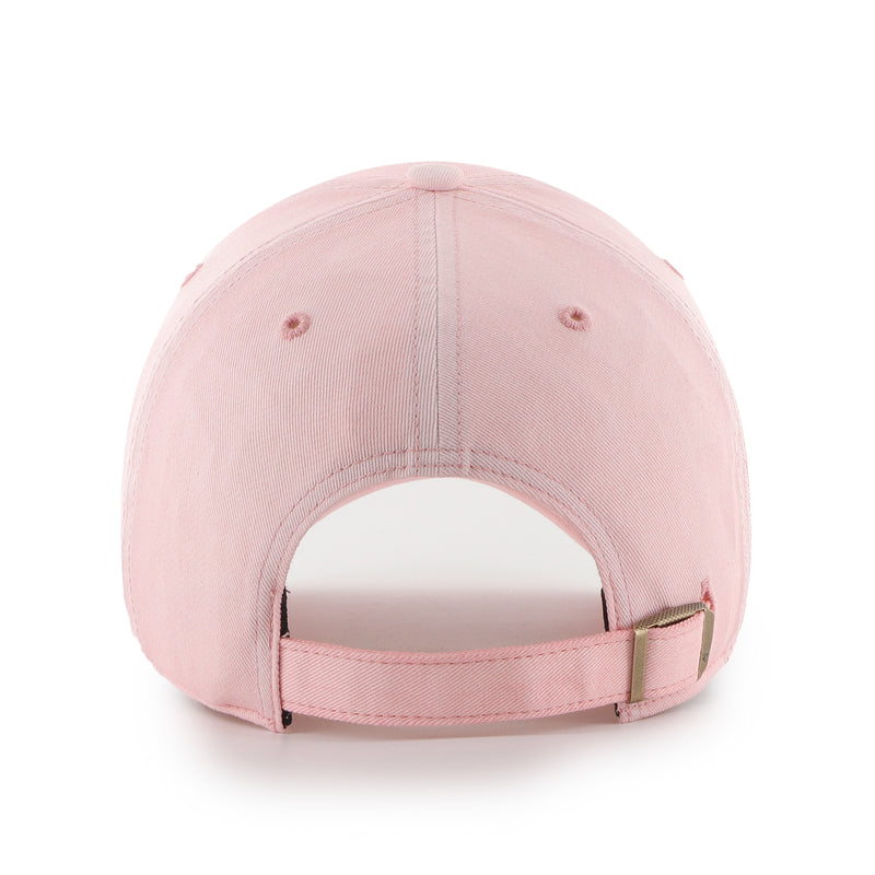 Unstructured pink baseball cap with adjustable fabric closure.