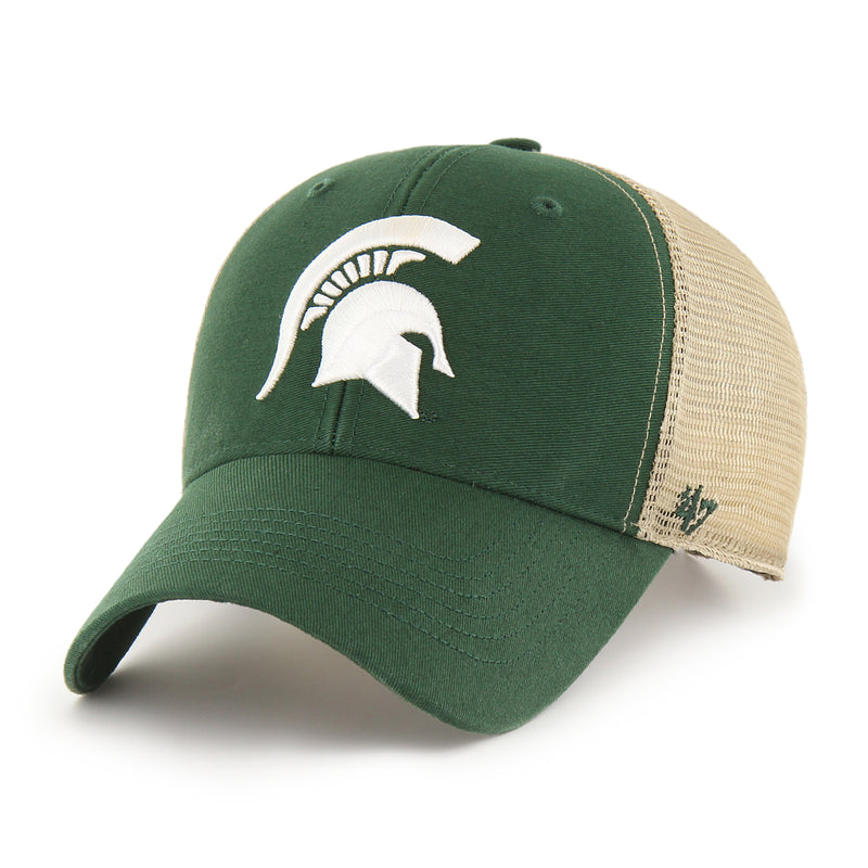 Front of a green baseball cap embroidered with a large white Spartan helmet, curved bill, off-white mesh back, and plastic strap closure.