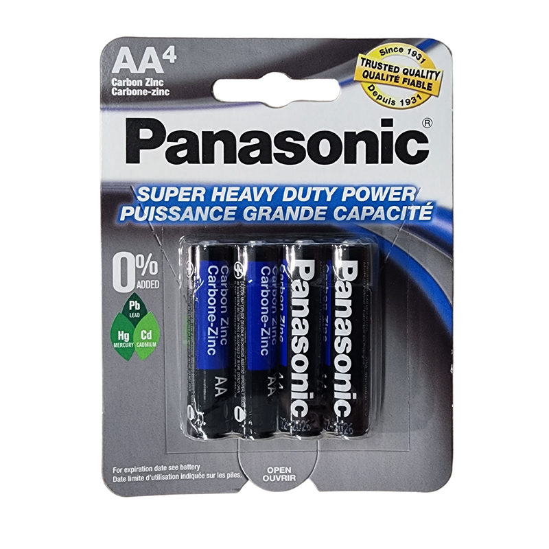 Panasonic AA super heavy duty carbon zinc batteries in a package of four
