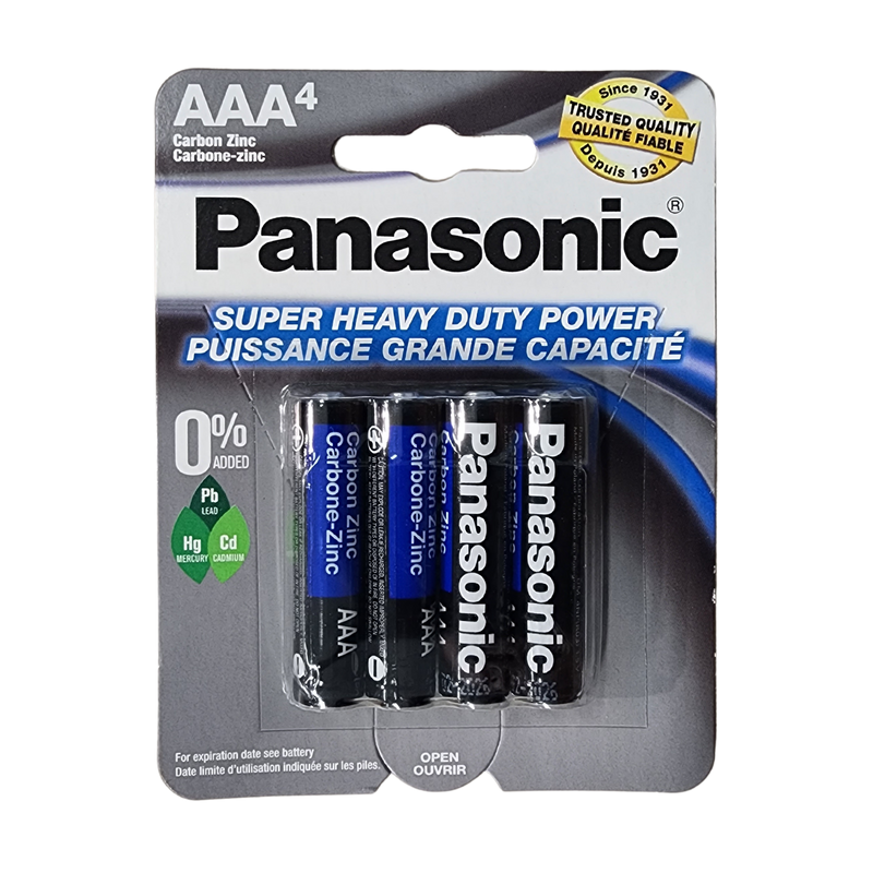 A pack of 4 triple A batteries by Panasonic. The heading under Panasonic reads "Super Heavy Duty Power" above the batteries.