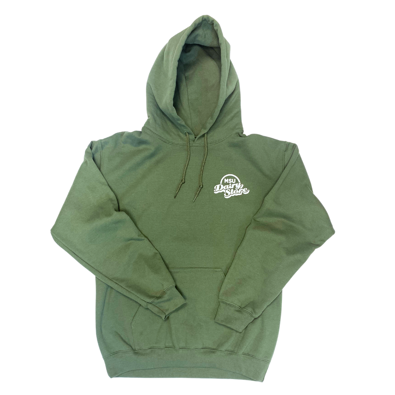 Green hoodie wth a white MSU Dairy Store logo at left chest.