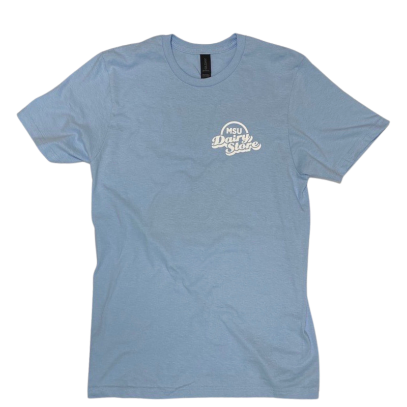 Light blue t-shirt with a white MSU Dairy Store logo on the left chest.