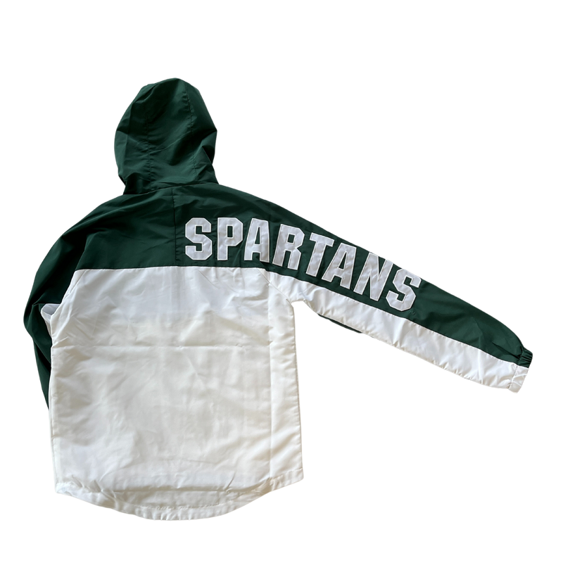 A green and white hooded rain jacket. The jacket has the MSU spartan helmet logo in white on the left chest, with Spartans in all caps down the side of the right sleeve. 