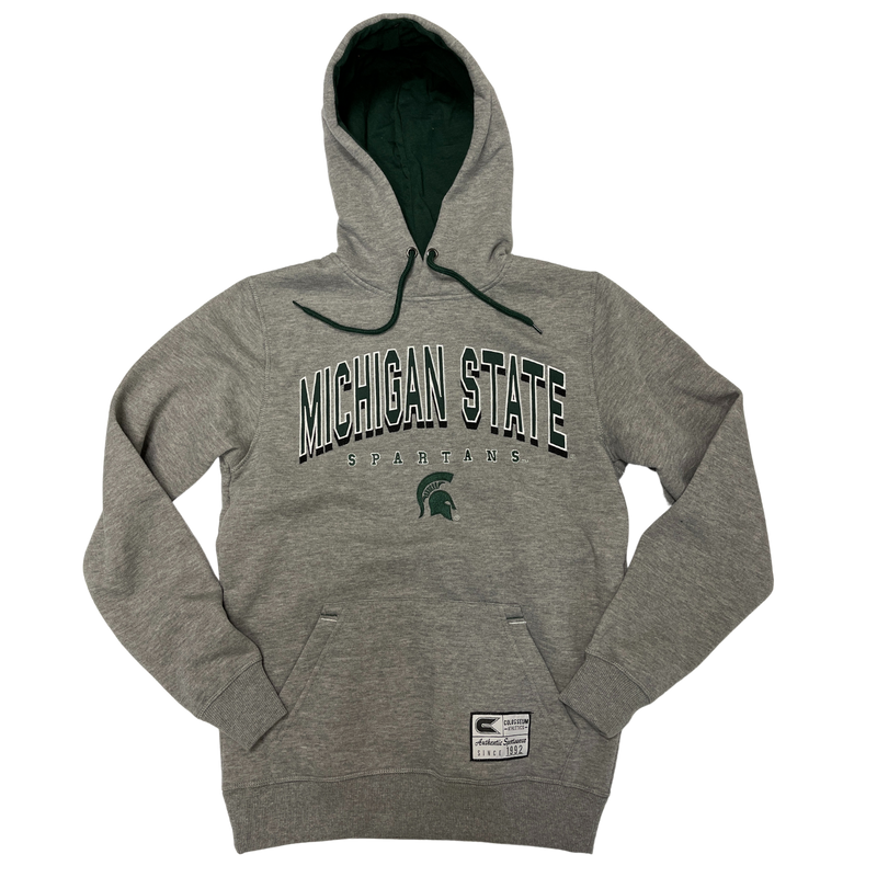 A grey hooded sweatshirt with a green hood interior and drawstrings. On the torso in all caps are the words "Michigan State" with "Spartans" and the MSU helmet logo in smaller case underneath. 