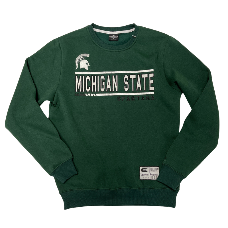 A green crewneck sweatshirt. In between white lines is Michigan State written in all caps. The MSU spartan helmet logo is above the top border line in white, and Spartans is written below the bottom border line in black. 