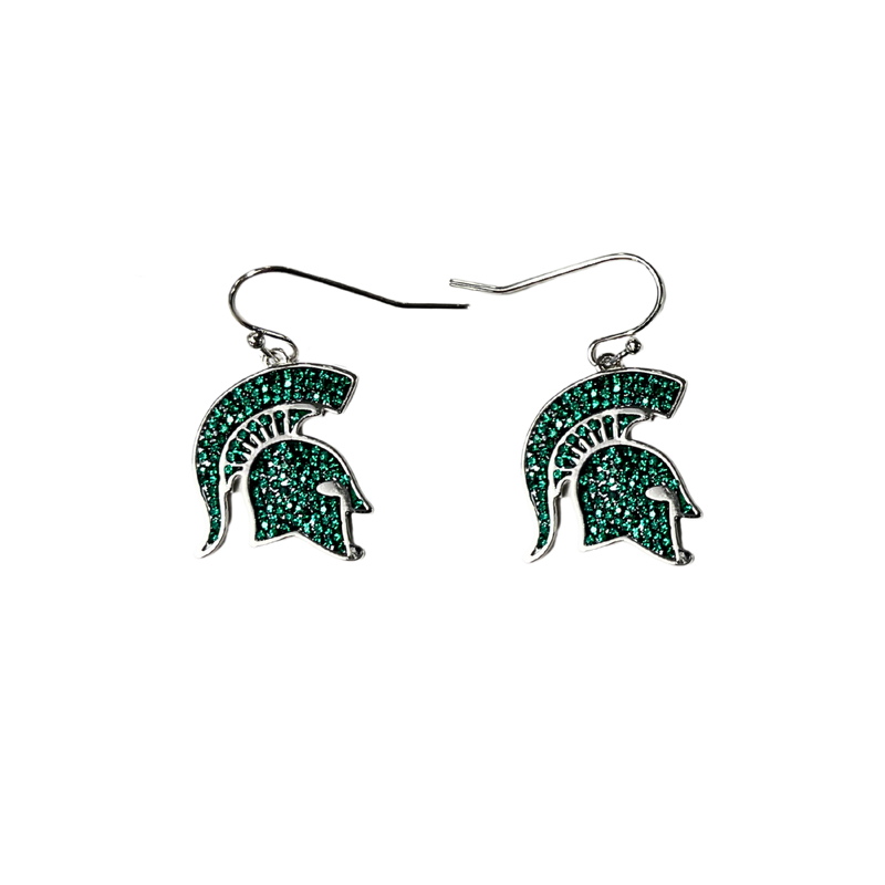 A pair of dangle earrings shaped as the Michigan State Spartan helmet logo. The logo is comprised of small green crystals with a rhodium plated brass outline.