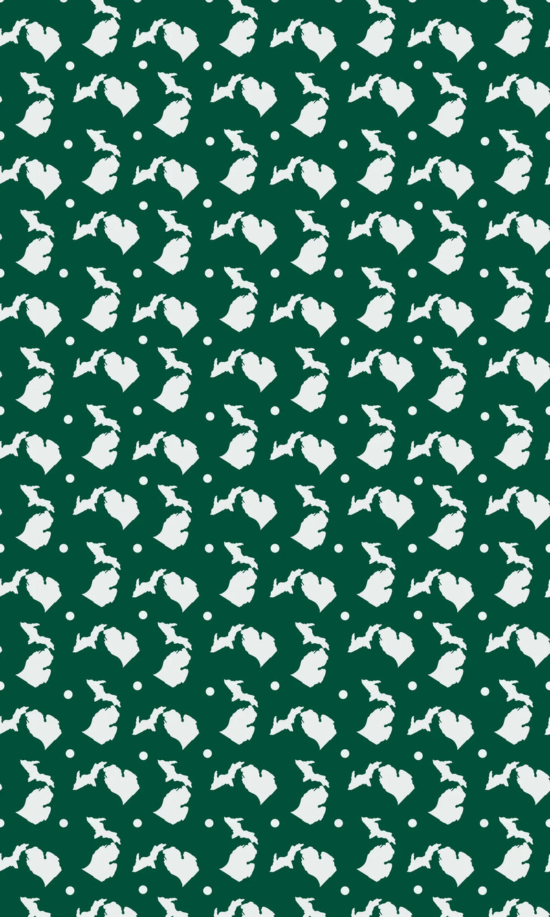 White State of Michigan sublimated images with white dots on forest green paper.