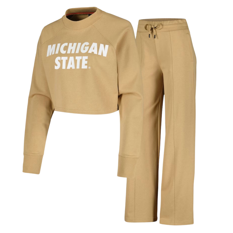 A tan cropped crewneck sweatshirt with matching sweatpants. On the sweatshirt reads "Michigan State" in white. 
