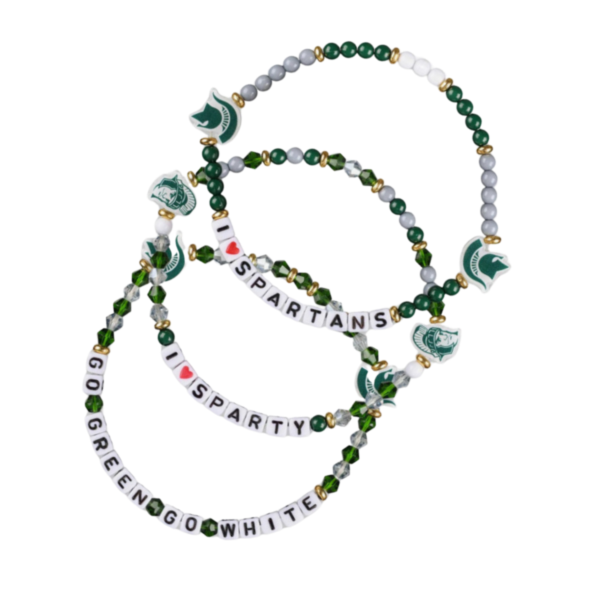 Beaded bracelets, alternating green, white and clear beads. Two bracelets have two Spartan helmet charms (one has lettering I "heart" Spartans, other has go green, go white) and the third has two retro Sparty charms, with lettering that reads I "heart" Sparty.