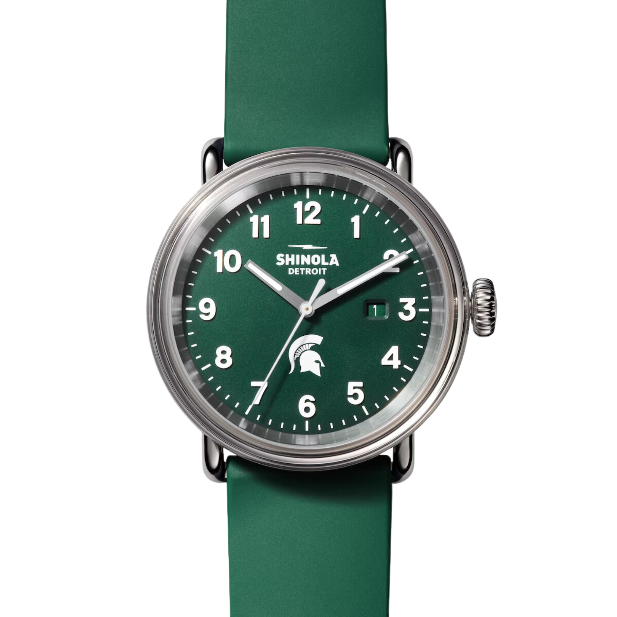 Chrome watch with green face and white lettering. Shinola Detroit displayed under the 12 and a Spartan helmet above the 6. White lettering for the hours and minutes, with chrome sweeping hands, and a forest green silicone band.