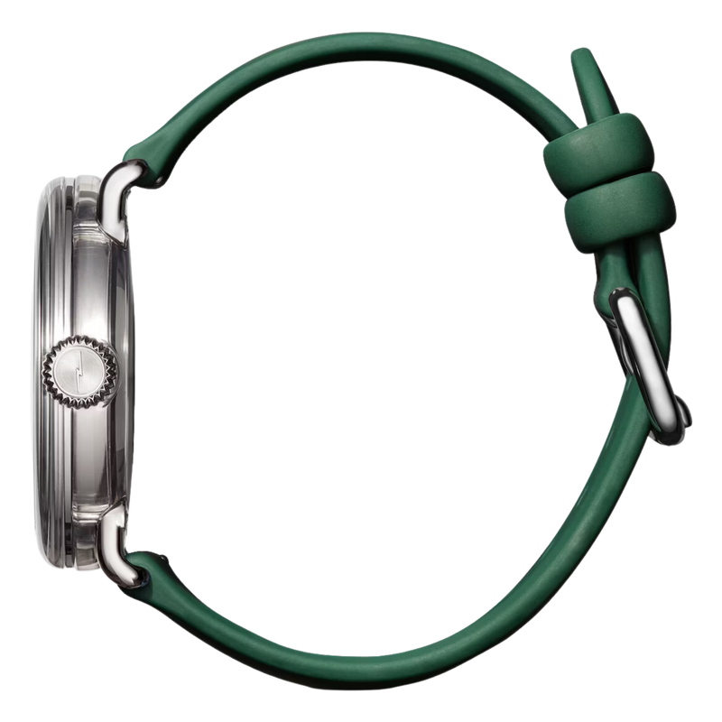 Side view of a chrome watch with a forest green silicone band and chrome closures.