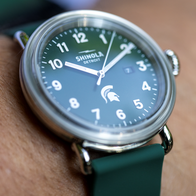 A close up of a 43 millimeter Shinola Spartan Detrola watch on a person's wrist. 