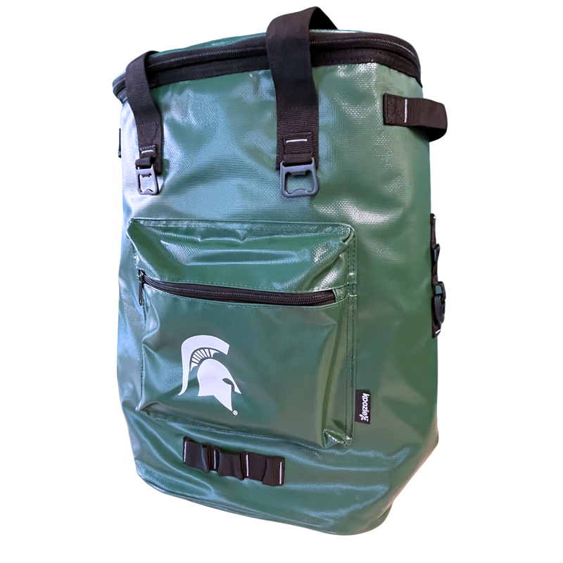 Hunter green cooler backpack with black straps and zippers with a white Spartan helmet in the center of the front pouch.