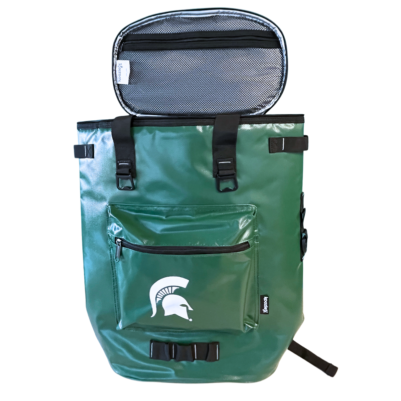 Hunter green cooler backpack with black straps and zippers with a white Spartan helmet in the center of the front pouch.