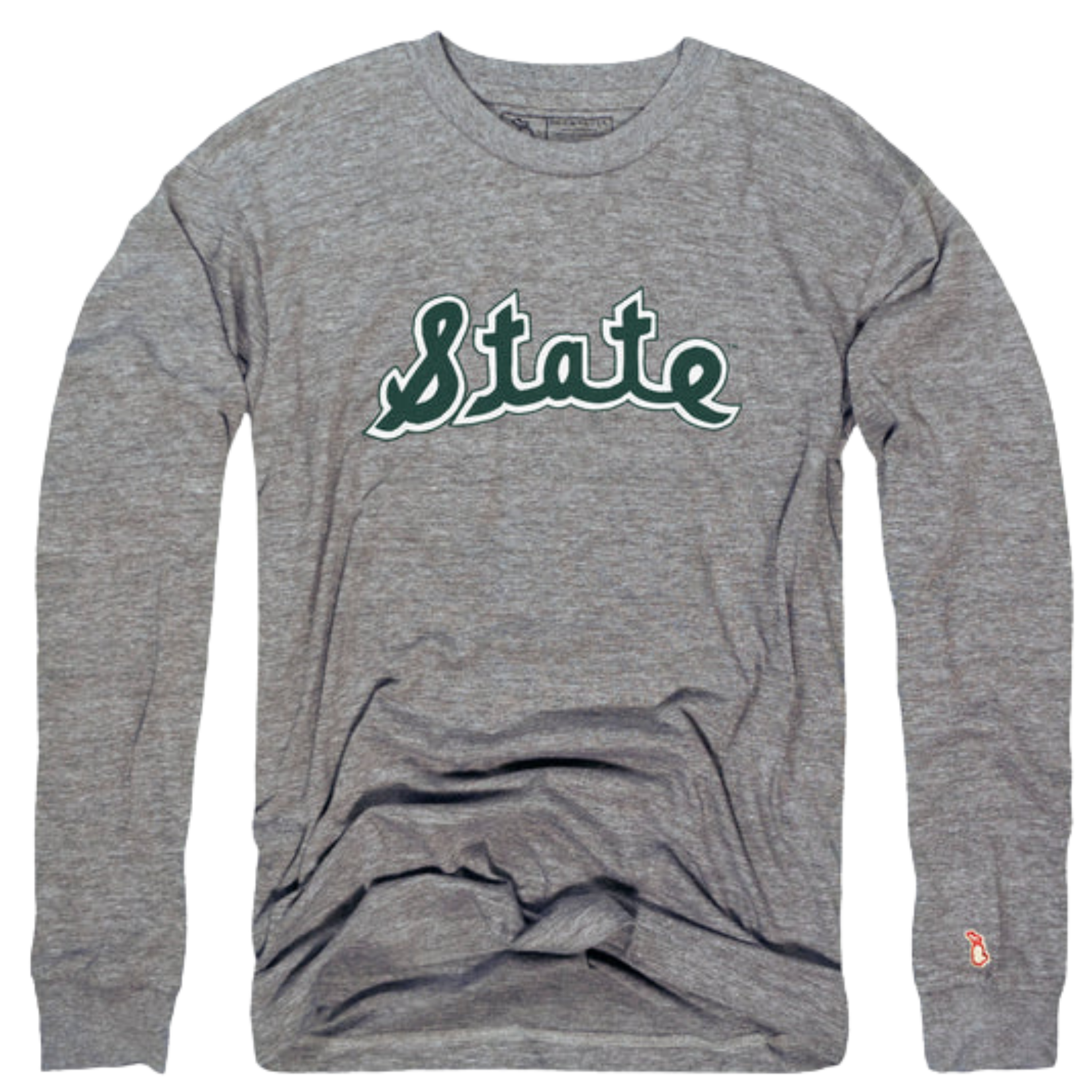 Gray long sleeved t-shirt with a large script "State" logo in green lettering outlined in white, centered on the front of the shirt.