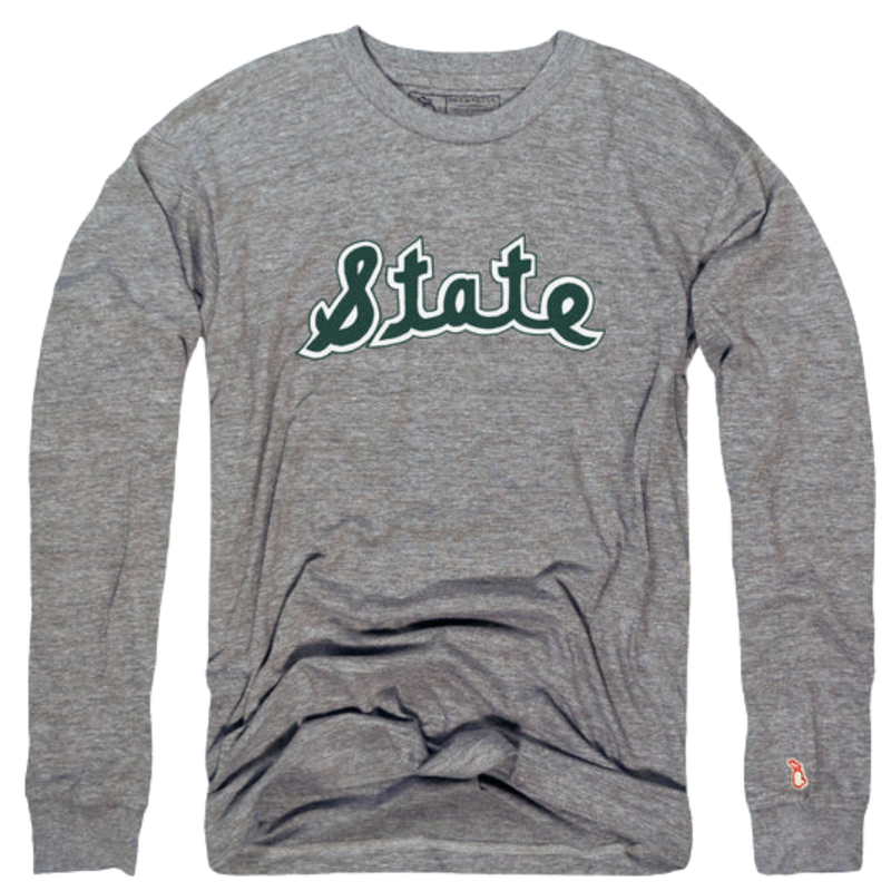 Gray long sleeved t-shirt with a large script "State" logo in green lettering outlined in white, centered on the front of the shirt.