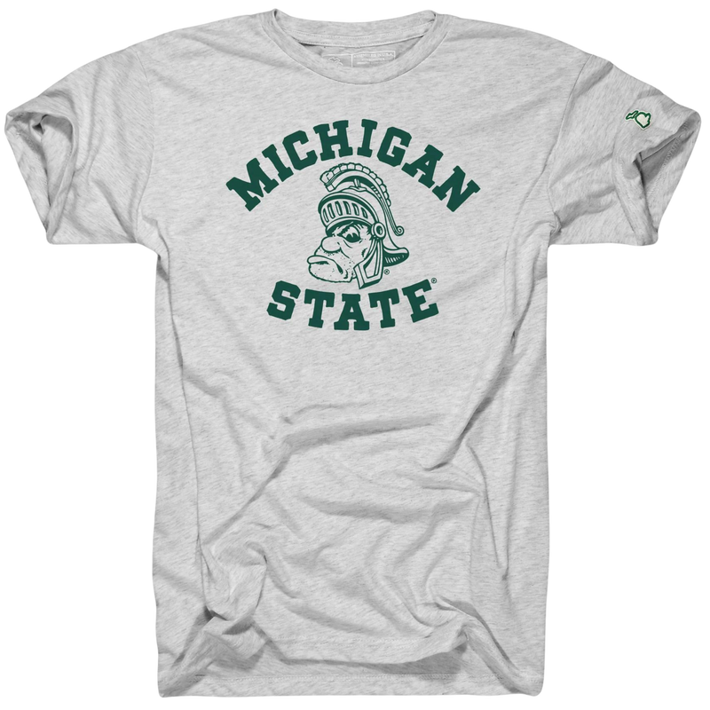 Light gray short sleeved t-shirt with a Gruff Sparty logo in green outline with "Michigan" lettering above and "State" below.