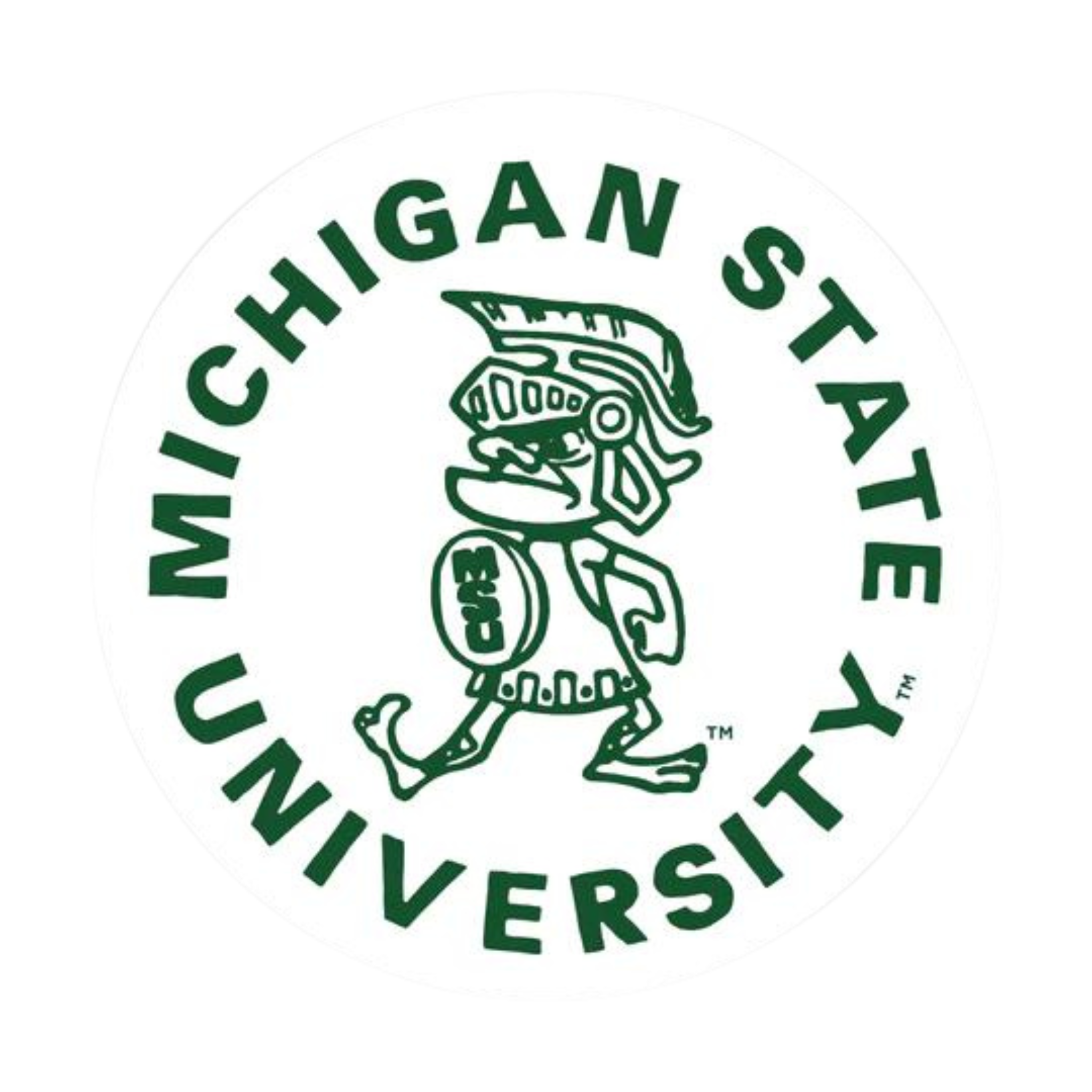 White circular sticker with vintage Sparty in the center with "Michigan State University" circling around the logo.