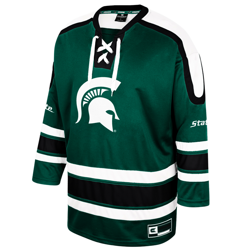 A green hockey jersey with black and white stripes around the sleeves and lower torso. In the middle of the jersey is a white MSU spartan helmet logo.