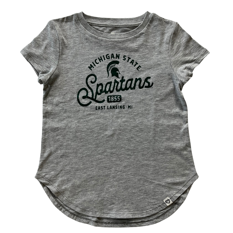 A gray youth tee shirt with the words "Michigan State Spartans: 1855, East Lansing, MI" and a Spartan helmet logo on the torso. 