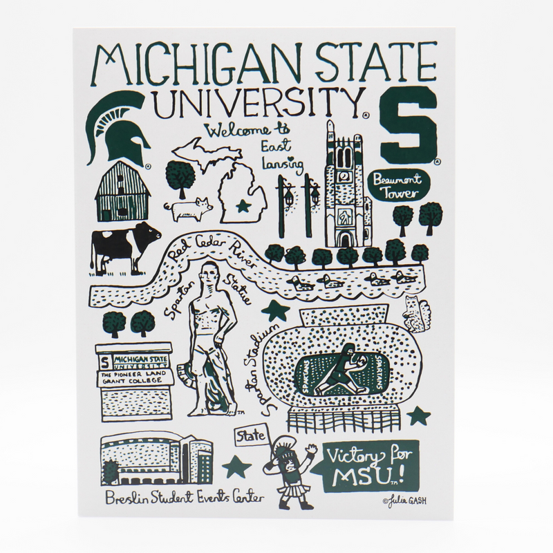 The front cover of a notecard that includes drawings of famous landmarks at Michigan State University.