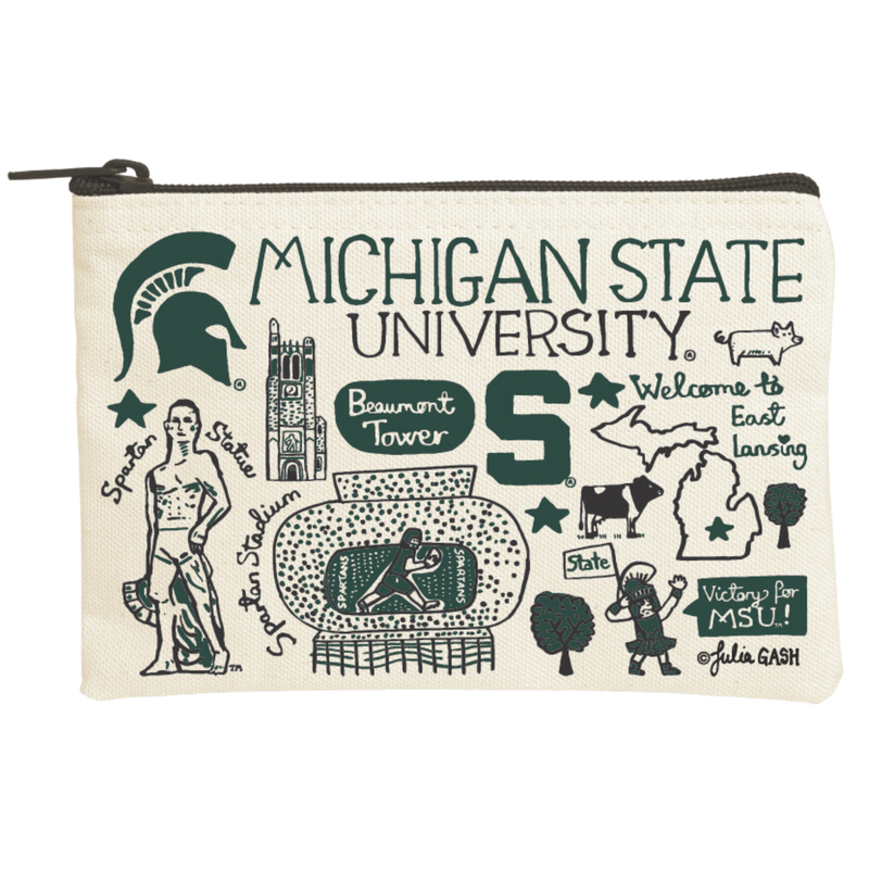 Natural colored canvas bag with a green zippered top, with an artist's MSU illustration design on the bag.