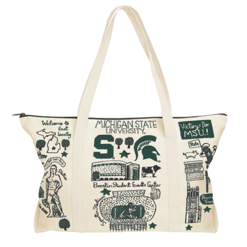 Natural colored canvas bag with two straps with a green zippered top, with an artist's MSU illustration design on the bag.