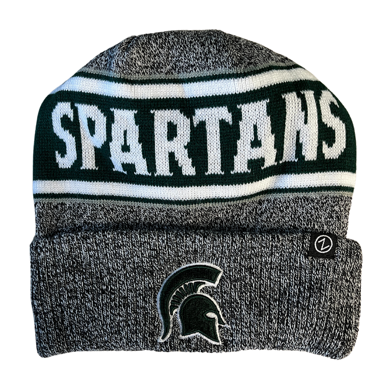 Gray beanie with "Spartans" in white lettering wrapping around the hat outlined in green with a white boarder, with a green Spartan helmet on the cuff.