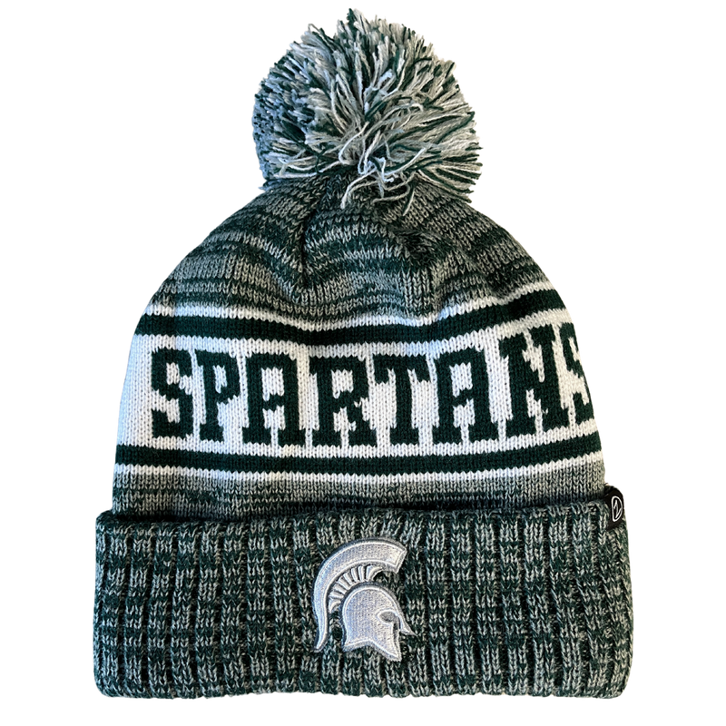 Green and white pom hat with "Spartans" in green lettering wrapping around the hat outlined in white with a green boarder, with a white Spartan helmet on the cuff.