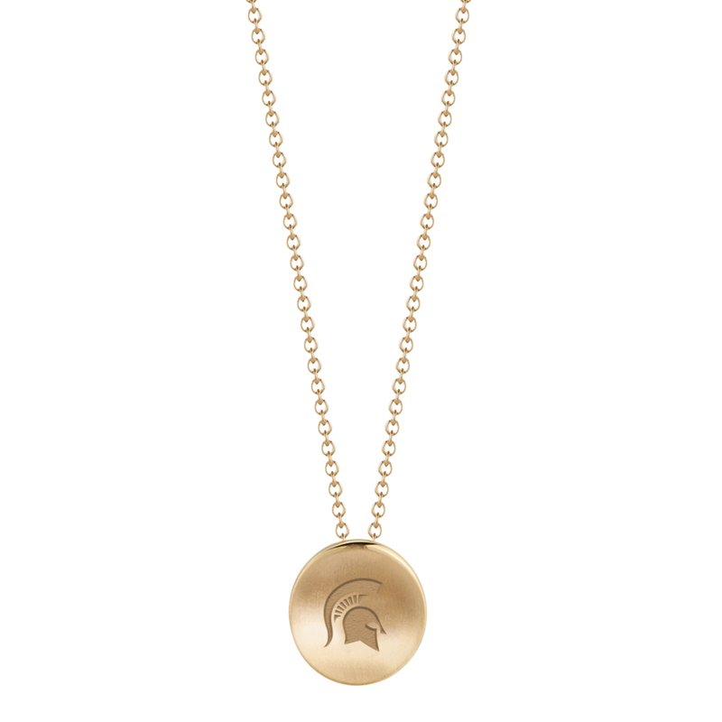 A gold, chain link necklace with a circular medallion. In the medallion is a MSU spartan helmet logo. 