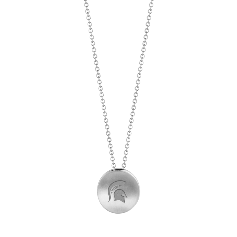 A silver, chain link necklace with a circular medallion. In the medallion is a MSU spartan helmet logo. 