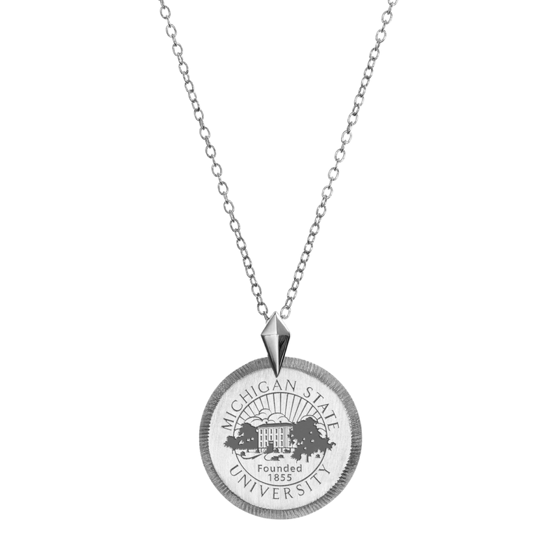 A sterling silver coin necklace with the Michigan State University seal in the middle of the coin medallion. 
