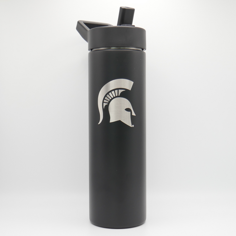 Cylinder powder coated black tumbler. Black plastic lid with carry handle on top. Spartan helmet design etched vertically on body of tumbler. 