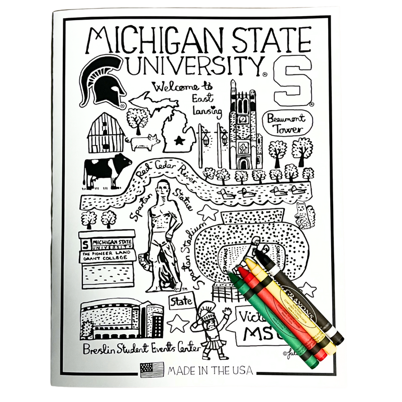 A white, paper card stock coloring book with black outlines of various Michigan State University landmarks. The coloring book comes with green, red, yellow, and black crayons. 