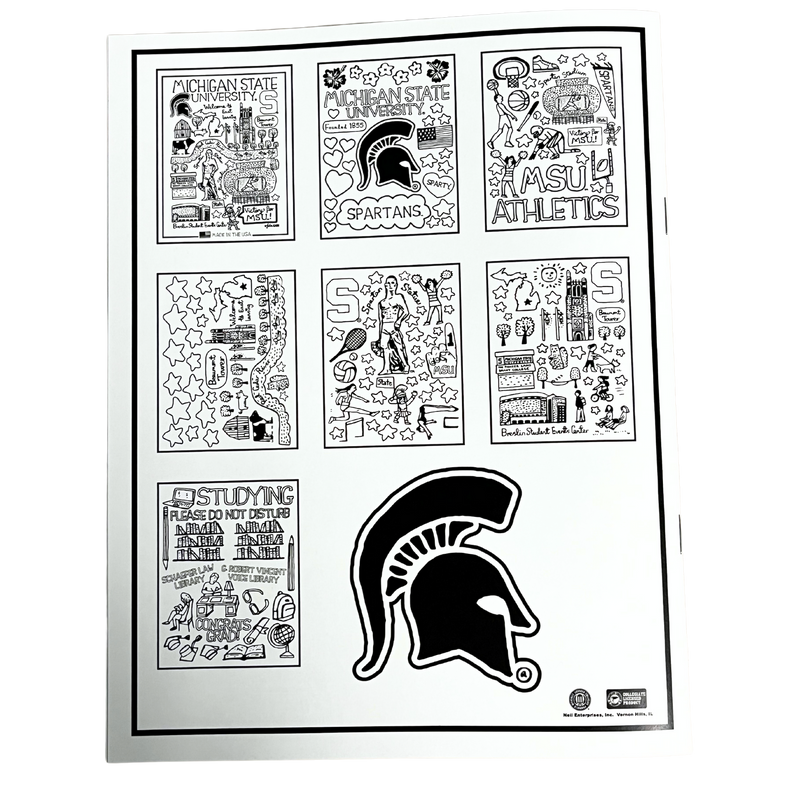 The back cover of a white, paper card stock coloring book with black outlines of various Michigan State University landmarks. The back cover shows previews of each page within the coloring book. 