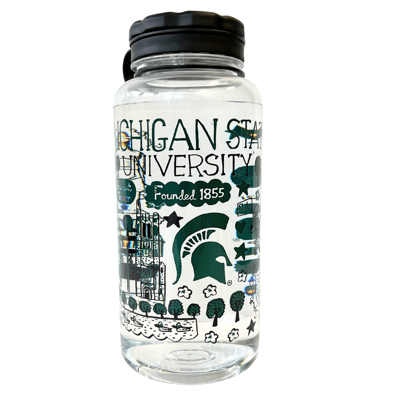 A 34 fluid ounce, clear plastic wide-mouth water bottle with a black screw cap. The Julia Gash design on the bottle features handmade drawings of Michigan State University landmarks in green.