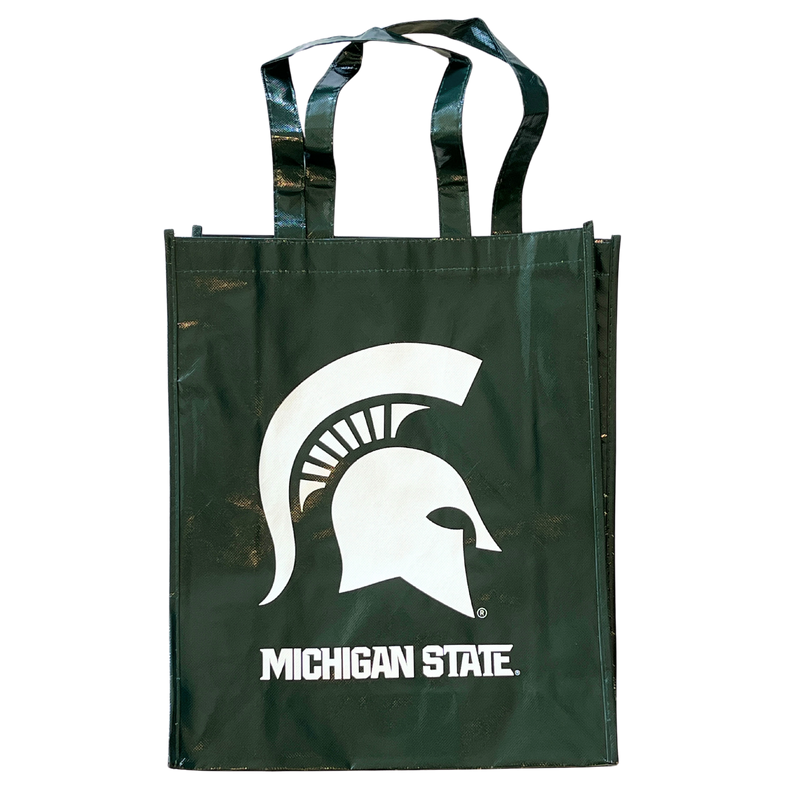 A dark green re-usable laminated tote bag. On the side of the bag read "Michigan State" in white with a large, white MSU spartan helmet logo above the text. 