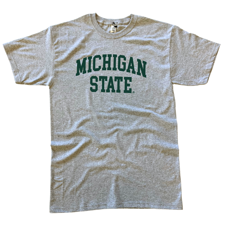 Heather gray crewneck t-shirt with short sleeves. Centered on the chest, dark green block letters "Michigan State" across two lines, where “Michigan” is slightly arched.