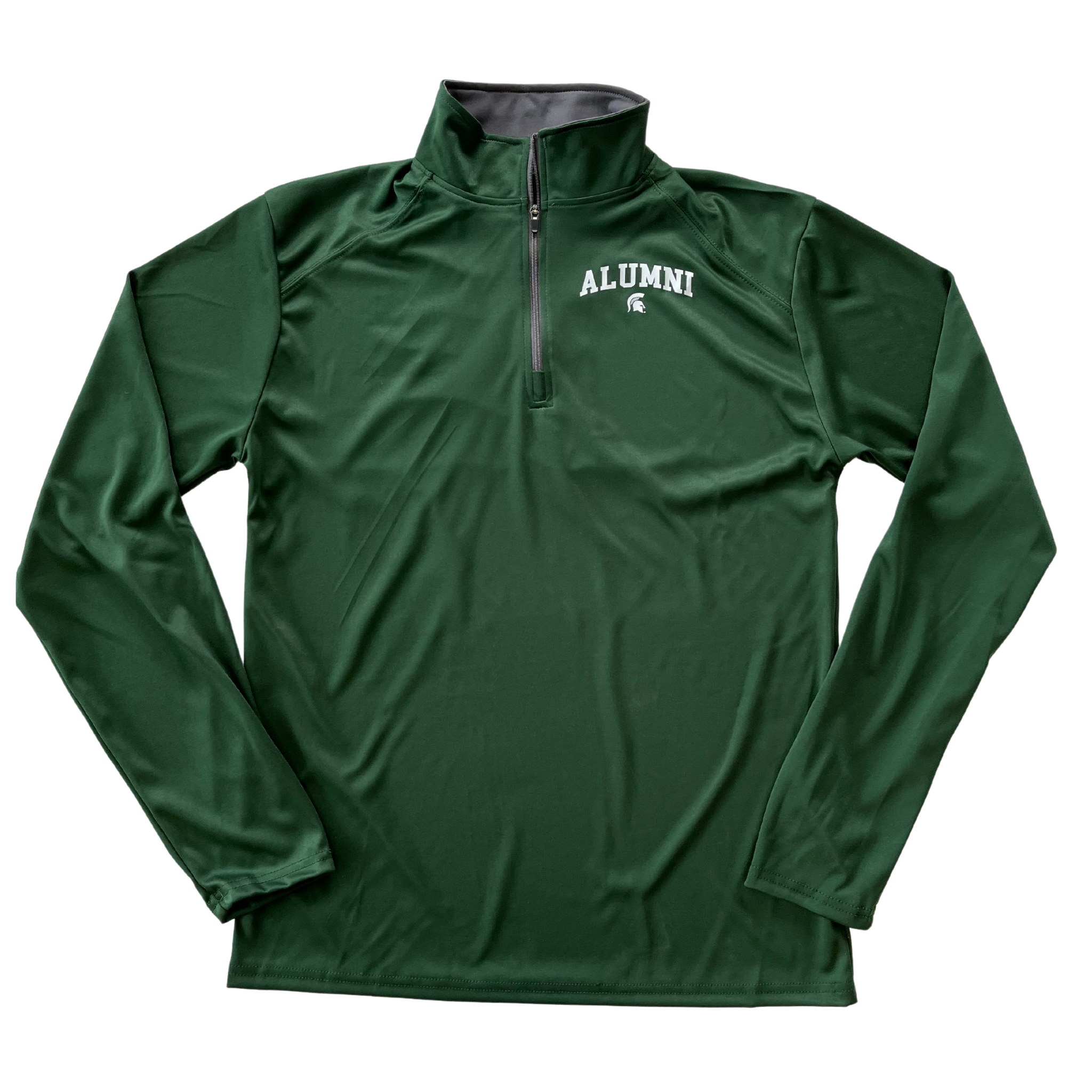 Forest green quarter-zip jacket with faux raglan stitching on the shoulder area and a standing collar. On the left chest, white block letters read “alumni” in a slight arch over a small white Spartan helmet.