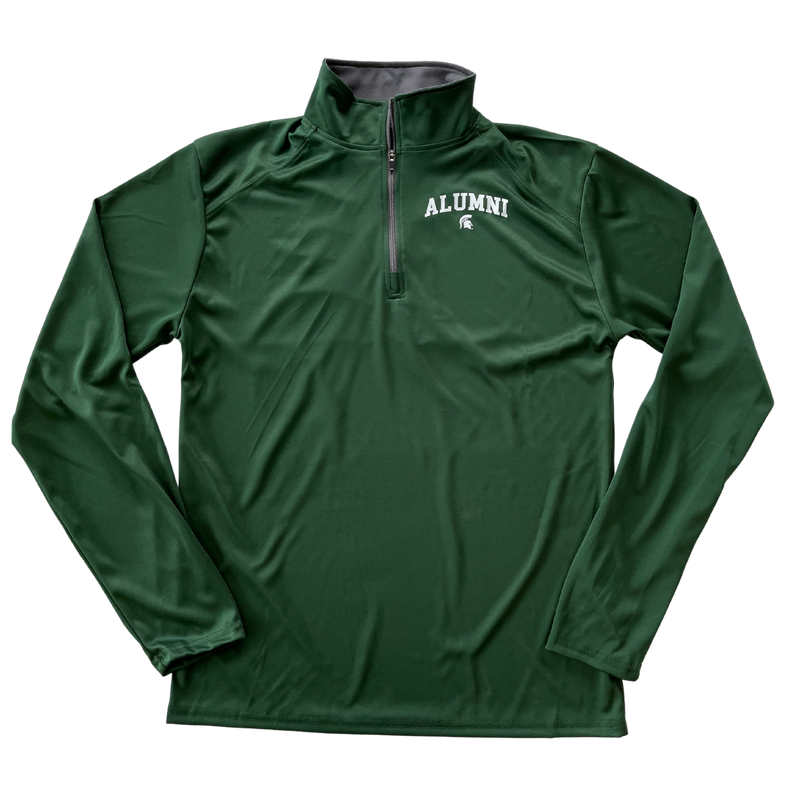 Forest green quarter-zip jacket with faux raglan stitching on the shoulder area and a standing collar. On the left chest, white block letters read “alumni” in a slight arch over a small white Spartan helmet.