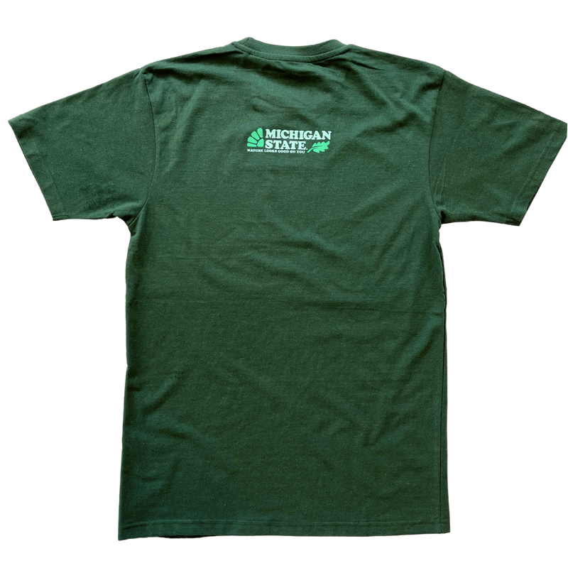 The back of a green tee shirt with a large square -shaped nature image with Michigan State on the top, "Nature Looks" on the left and "Good On You" on the right with "Spartan Green" on the bottom.