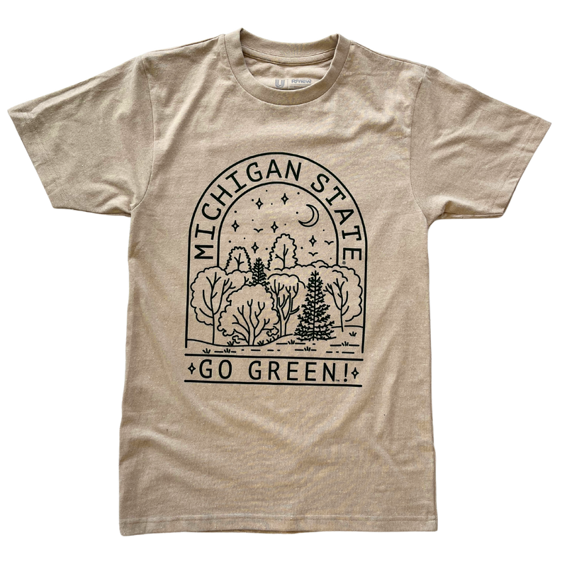 Sand colored t-shirt with green lettering spelling Michigan State arched over the top of a forest setting graphic, with "Go Green" across the bottom of the graphic.