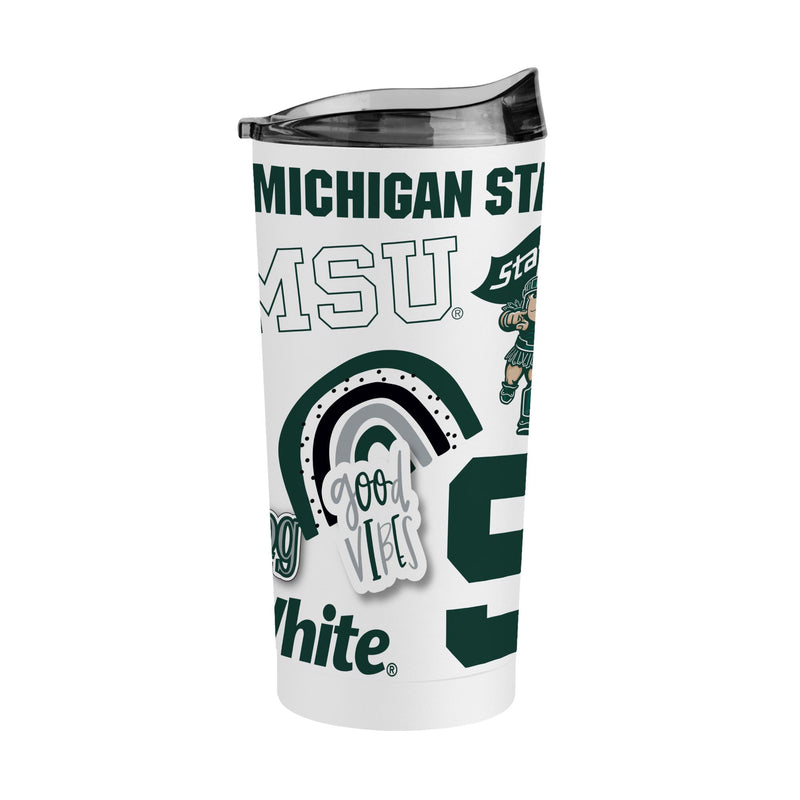 White tumbler with multiple green colored Michigan State University icons placed around it. Visible from this angle is a block S, sporty Sparty running with a state flag, a green rainbow with the text "good vibes", and vintage Sparty.