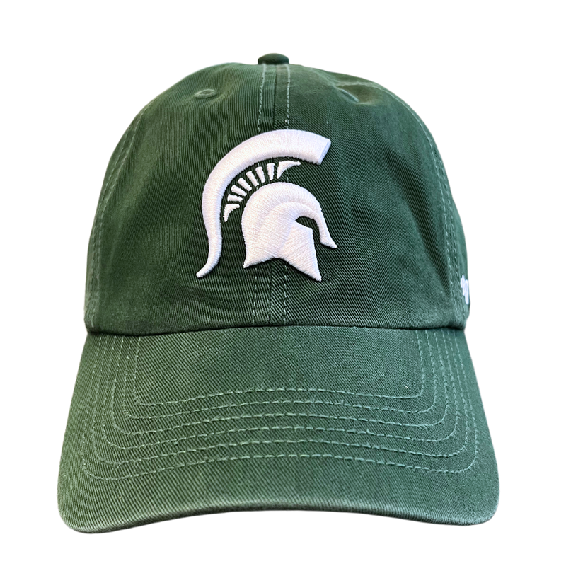 A head-on view of a dark green ball cap with a white Michigan State spartan helmet logo embroidered on the center face of the hat. 