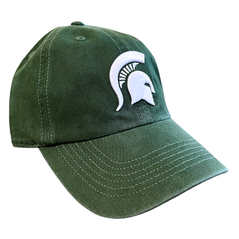 An angled view of a dark green ball cap with a white Michigan State spartan helmet logo embroidered on the center face of the hat. 