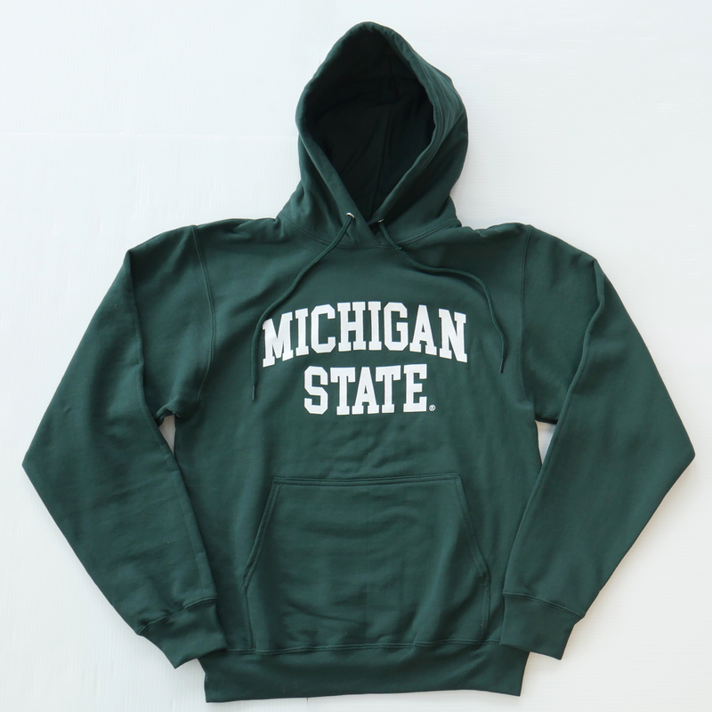 A dark green hooded sweatshirt with the words "Michigan State" written in white and all caps in the center. 