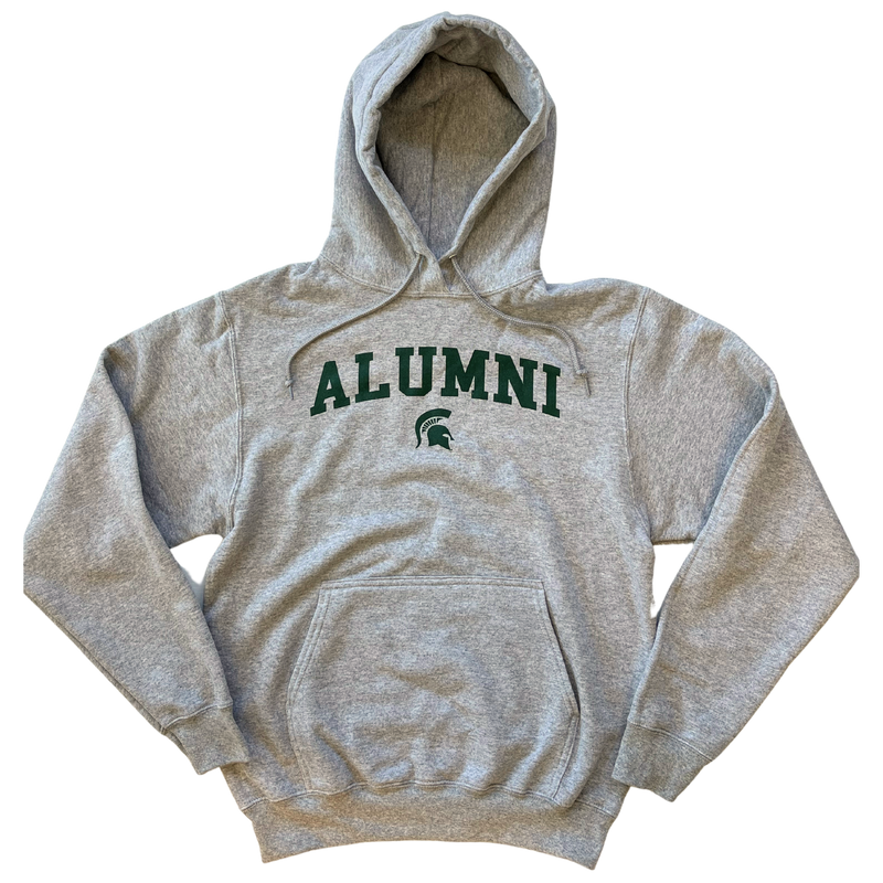 A gray hooded sweatshirt with the word "Alumni" written across the center in green. Underneath the word "Alumni" is a small, green MSU Spartan helmet logo.